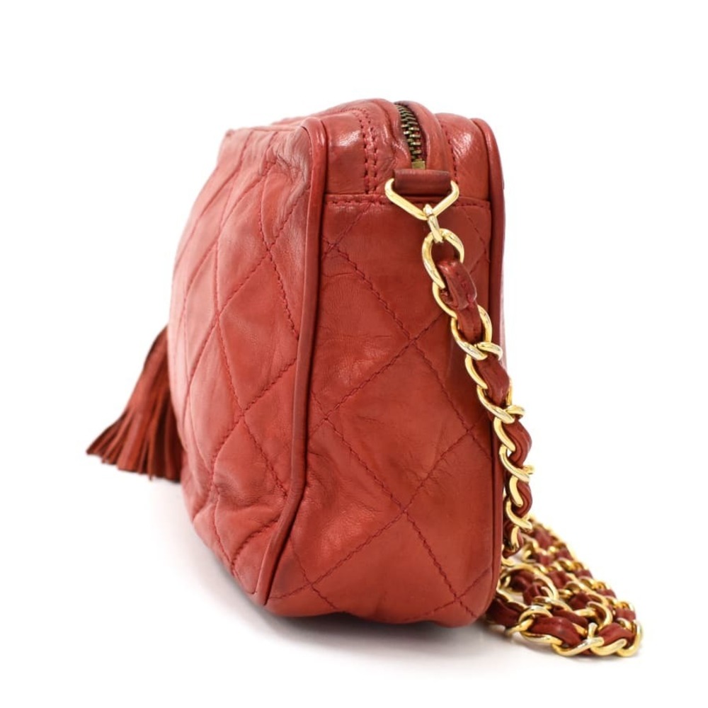 Chanel Shoulder Chain Lambskin Bag Tassel Red Mini Matelasse